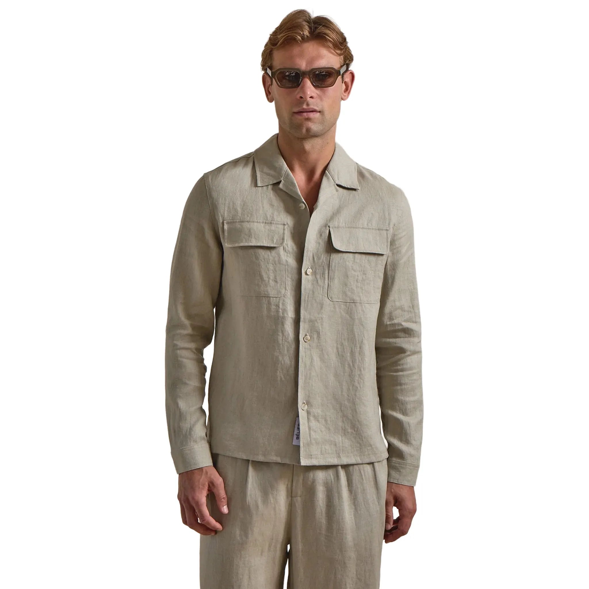 Front View of Belier Premium Oatmeal Linen Pocket Shirt